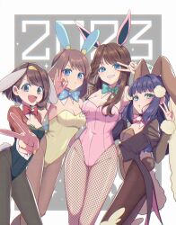 Rule 34 | 2023, 4girls, animal ears, black leotard, blue eyes, blush, bow, bowtie, breasts, brown eyes, brown hair, brown pantyhose, celery oisiiii, chinese zodiac, cleavage, commentary request, creatures (company), dawn (pokemon), detached collar, fake animal ears, game freak, gloria (pokemon), green (pokemon), grin, hand up, highres, large breasts, leotard, long hair, long sleeves, looking at viewer, may (pokemon), medium breasts, multiple girls, nail polish, nintendo, pantyhose, playboy bunny, pokemon, pokemon adventures, rabbit ears, rabbit tail, short hair, small breasts, smile, sparkle, tailcoat, teeth, v, wrist cuffs, year of the rabbit, yellow leotard, yellow nails