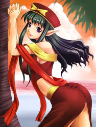 Rule 34 | 1girl, ass, beach, bent over, beret, blue eyes, breasts, female focus, from side, green hair, hat, looking at viewer, looking to the side, lydia (quiz magic academy), nature, outdoors, palm tree, pointy ears, quiz magic academy, sky, solo, sunlight, sunset, tree, yaso shigeru