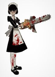 Rule 34 | 1girl, apron, black dress, black eyes, black footwear, black hair, blood, blood on clothes, blood on face, bob cut, chainsaw, closed mouth, dress, full body, highres, holding, holding chainsaw, juliet sleeves, long sleeves, looking at viewer, maid, maid headdress, mossacannibalis, original, pantyhose, power tool, puffy sleeves, shoes, short hair, simple background, smile, solo, white apron, white background, white legwear