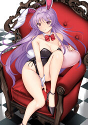 Rule 34 | 1girl, animal ears, bare legs, black footwear, black leotard, bow, bowtie, breasts, cleavage, commentary request, couch, detached collar, hataraki kuma, large breasts, leotard, light purple hair, long hair, looking at viewer, playboy bunny, rabbit ears, rabbit tail, red bow, red bowtie, red eyes, reisen udongein inaba, smile, solo, strapless, strapless leotard, tail, touhou, very long hair, wrist cuffs