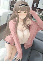 Rule 34 | 1girl, akita hika, blush, breasts, brown hair, camisole, chair, cleavage, green eyes, hairband, highres, indoors, large breasts, long hair, long sleeves, looking at viewer, mole, mole on breast, original, parted lips, short shorts, shorts, solo, sweat, table, thighs, very long hair