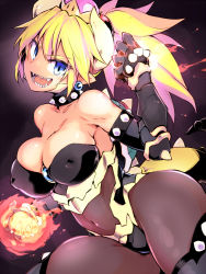 Rule 34 | 1girl, alternate costume, bare shoulders, blonde hair, blue eyes, blue gemstone, bowsette, bracelet, breasts, brooch, cleavage, collar, covered erect nipples, covered navel, earrings, fire, fireball, gem, hair between eyes, hair bobbles, hair ornament, hand up, horns, jewelry, large breasts, long hair, looking at viewer, mario (series), navel, new super mario bros. u deluxe, nintendo, open mouth, pantyhose, pointy ears, ponytail, powering up, see-through, sharp teeth, shiny skin, short hair, sidelocks, smile, solo, spiked bracelet, spiked collar, spiked knuckles, spiked shell, spiked tail, spikes, super crown, tagme, tail, teeth, thick thighs, thighs, tomoshibi hidekazu, toned