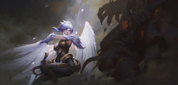Rule 34 | 1girl, angel wings, blue eyes, breasts, cleavage, closed mouth, dao trong le, dated, dawnbringer riven, feather-trimmed gloves, feathered wings, glowing, glowing eyes, highres, league of legends, lips, looking at viewer, medium breasts, nose, red lips, riven (league of legends), short hair, signature, solo, standing, sword, weapon, white hair, white wings, wings