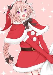Rule 34 | 1boy, astolfo (fate), bad id, bad twitter id, belt, black ribbon, blush, braid, capelet, dress, elbow gloves, fang, fate/apocrypha, fate (series), fur-trimmed gloves, fur trim, garter straps, gloves, hair between eyes, hair ribbon, hat, highres, holding, ito (silk9f), long hair, looking at viewer, male focus, open mouth, pink background, pink hair, purple eyes, red dress, red gloves, red thighhighs, ribbon, sack, santa costume, santa hat, simple background, single braid, smile, solo, sparkle, thighhighs, tress ribbon