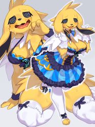 Rule 34 | 1girl, @ @, absurdres, belt, belt buckle, black bow, blue dress, bow, bra, buckle, butterfly brooch, capelet, choker, clothed pokemon, commentary, corset, creatures (company), cuffs, dress, ears down, embarrassed, fang, frilled dress, frilled gloves, frilled kneehighs, frills, furry, furry female, game freak, gen 1 pokemon, gloves, grey background, grey eyes, hand up, highres, jolteon, kame (3t), kneehighs, looking at viewer, multiple views, nintendo, pokemon, pokemon (creature), simple background, sitting, skin fang, skindentation, socks, standing, sweat, symbol-only commentary, underwear, white gloves, white socks, yellow fur, yokozuwari