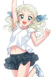 Rule 34 | &gt;:d, 1girl, :d, aikatsu!, aikatsu! (series), aqua eyes, arm up, black skirt, blonde hair, blue bow, blush, bow, cowboy shot, fang, hair bow, hand up, highres, jumping, looking at viewer, medium hair, midriff, navel, open mouth, sekina, shirt, shoes, short sleeves, simple background, sketch, skirt, smile, solo, standing, standing on one leg, todo yurika, twintails, v-shaped eyebrows, white background, white shirt