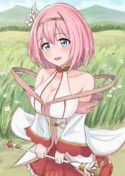 Rule 34 | 1girl, absurdres, blue eyes, blush, breasts, hair between eyes, hair ornament, highres, large breasts, open mouth, pink hair, princess connect!, red skirt, short hair, skirt, smile, staff, tagme, yanazawa ko, yui (princess connect!)