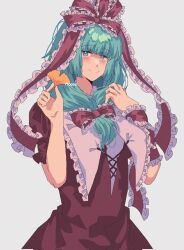 Rule 34 | 1girl, closed mouth, commentary, dress, frilled ribbon, frills, front ponytail, green eyes, green hair, grey background, hair ribbon, highres, kagiyama hina, looking at viewer, medium hair, moonii desu, red dress, red ribbon, ribbon, short sleeves, simple background, smile, solo, touhou, upper body