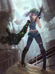Rule 34 | 1girl, absurdres, alternate costume, bare arms, belt, bionic, black footwear, blue eyes, blue hair, boots, claws, cyberpunk, glowing, gun, hair bobbles, hair ornament, handgun, hat, headphones, headphones around neck, highres, kawashiro nitori, key, knee boots, mag (huangmag), matching hair/eyes, mecha, mechanical arms, armored boots, midriff, navel, pantyhose, revision, robot, short shorts, shorts, single mechanical arm, solo, torn clothes, torn pantyhose, touhou, twintails, two side up, vest, weapon