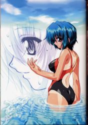 Rule 34 | 00s, 1girl, absurdres, ass, back, blue hair, breasts, cloud, competition swimsuit, covered erect nipples, dated, day, hair between eyes, highres, large breasts, looking down, maple colors, one-piece swimsuit, one-piece tan, outdoors, outstretched hand, profile, purple eyes, red eyes, ripples, scan, shiny skin, short hair, signature, sirpent, skin tight, sky, smile, solo, standing, suzuhara sora, swimsuit, tan, tanline, wading, water, wet, wet hair, zoom layer