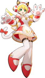 Rule 34 | 1girl, alternate costume, android, animal ears, animal hands, armor, bell, blonde hair, cat paws, cat tail, cinnamon (mega man), full body, green eyes, heart, highres, mega man (series), mega man x (series), mega man x dive, official art, orb, ribbon, smile, solo, symbol, tail, transparent background, white day