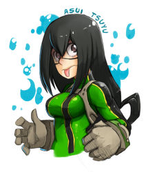 Rule 34 | 10s, 1girl, :p, asui tsuyu, bankage, black hair, bodysuit, boku no hero academia, breasts, brown eyes, character name, commentary, frog girl, gloves, hair between eyes, hair rings, long hair, low-tied long hair, monster girl, solo, tongue, tongue out, upper body