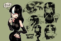 Rule 34 | 1girl, :d, anger vein, bags under eyes, bare shoulders, black dress, black hair, black sclera, breasts, buck teeth, colored sclera, detached sleeves, dress, english text, flying sweatdrops, green background, hand up, highres, large breasts, long fangs, long hair, looking at viewer, multicolored hair, multiple views, noss (rariatto), open mouth, original, rariatto (ganguri), sanpaku, sideways mouth, sketch, smile, streaked hair, teeth, vampire, wavy mouth, white hair