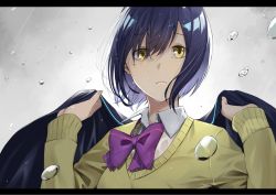 Rule 34 | 1girl, black hair, bow, eyebrows hidden by hair, hair between eyes, highres, hitotose hirune, holding, holding clothes, holding jacket, jacket, letterboxed, looking at viewer, nijisanji, open mouth, rain, ribbon, school uniform, shizuka rin, short hair, solo, sweater, upper body, virtual youtuber, yellow eyes