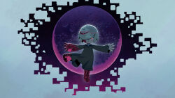 Rule 34 | 1girl, absurdres, arms up, backlighting, black dress, child, closed mouth, colored skin, dress, evan stanley, expressionless, female focus, flat chest, floating, full moon, glitch, grey hair, grey sky, highres, long dress, long sleeves, looking at viewer, mary janes, moon, multicolored eyes, multicolored hair, multicolored skin, night, official art, outdoors, outstretched arms, red eyes, sage (sonic), shoes, short hair, sidelocks, sky, solo, sonic (series), sonic frontiers, straight-on, swept bangs, wind