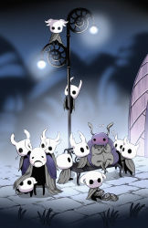 Rule 34 | 6+others, arizuka (catacombe), bench, blush, bretta (hollow knight), climbing, cloak, commentary, commentary request, elderbug, flying sweatdrops, grey cloak, highres, hollow eyes, hollow knight, hollow knight (character), horns, knight (hollow knight), lamppost, looking at another, mask, multiple others, no humans, on person, outdoors, sitting, standing, torn cloak, torn clothes