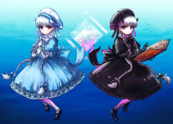Rule 34 | 2girls, alice (fate), back bow, beret, black bow, black bowtie, black dress, black gloves, black headwear, blue bow, blue dress, book, bow, bowtie, braid, closed mouth, commentary request, doll joints, dress, elbow gloves, expressionless, fate/extra, fate (series), flat chest, frilled dress, frilled sleeves, frills, full body, gloves, hair bow, hat, joints, lolita fashion, long hair, looking at viewer, mogukk, multiple girls, nursery rhyme (fate), open book, own hands together, puffy short sleeves, puffy sleeves, purple eyes, short sleeves, twin braids, very long hair, waist bow, white bow, white bowtie, white gloves, white hair, white headwear