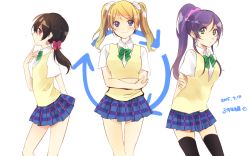 Rule 34 | 10s, 3girls, alternate hairstyle, ayase eli, bad id, bad twitter id, black hair, blonde hair, green eyes, hairstyle switch, long hair, love live!, love live! school idol project, low twintails, multiple girls, ponytail, purple hair, puzsan, red eyes, school uniform, scrunchie, simple background, sweater vest, thighhighs, tojo nozomi, twintails, yazawa nico