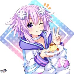Rule 34 | 1girl, d-pad, d-pad hair ornament, food, hair ornament, highres, jacket, lewdkuma, long sleeves, looking at viewer, neptune (neptunia), neptune (series), open mouth, pink hair, pudding, purple eyes, short hair, smile, solo, v, white jacket