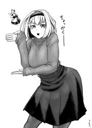 Rule 34 | 1girl, alice margatroid, breasts, commentary request, contrapposto, cowboy shot, greyscale, hairband, high-waist skirt, highres, koyubi (littlefinger1988), long sleeves, looking at viewer, monochrome, open mouth, pantyhose, pleated skirt, ribbed sweater, shanghai doll, short hair, simple background, skirt, sleeves past wrists, smile, solo, sweater, touhou, translation request, turtleneck, turtleneck sweater, v-shaped eyebrows, white background