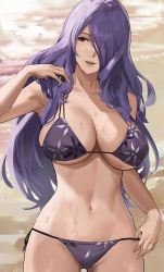 Rule 34 | 1girl, alternate costume, armpits, bare arms, bare shoulders, bikini, breasts, camilla (fire emblem), cleavage, collarbone, cowboy shot, day, female focus, fire emblem, fire emblem fates, hair over one eye, halterneck, highres, j@ck, large breasts, long hair, looking away, looking to the side, midriff, navel, nintendo, outdoors, parted lips, purple bikini, purple eyes, purple hair, side-tie bikini bottom, skindentation, smile, solo, stomach, string bikini, swimsuit, underboob, very long hair, wet