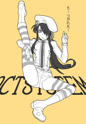 Rule 34 | 10s, 1boy, black hair, boots, buttons, cosplay, double-breasted, drifters, expressionless, fujiwara riyu, full body, gloves, hair over one eye, hat, knee boots, leg up, long hair, long sleeves, looking at viewer, male focus, monochrome, nasu no yoichi, necktie, olmine, olmine (cosplay), open mouth, parted lips, ponytail, short shorts, shorts, sidelocks, simple background, sitting, solo, stretching, striped clothes, striped thighhighs, thighhighs, trap, turtleneck, yellow background