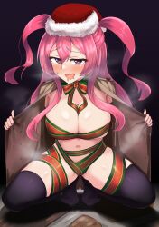 Rule 34 | 1girl, absurdres, blush, breasts, drooling, exhibitionism, hat, heart, heart-shaped pupils, heavy breathing, highres, kuka (princess connect!), large breasts, long hair, looking at viewer, navel, no shoes, omu rettur5, open mouth, pink hair, princess connect!, public indecency, purple eyes, ribbon, santa hat, skindentation, smile, solo, squatting, steaming body, symbol-shaped pupils, thighhighs, very long hair