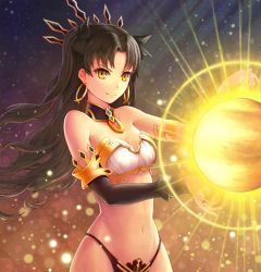 Rule 34 | 1girl, armlet, artist request, asymmetrical clothes, asymmetrical sleeves, bare shoulders, bikini, black bikini, black choker, black detached sleeves, black hair, black panties, black ribbon, breasts, choker, cleavage, closed mouth, crown, detached sleeves, earrings, fate/grand order, fate (series), floating hair, gradient background, hair ribbon, highres, holding, hoop earrings, ishtar (fate), jewelry, light, light particles, long hair, looking at object, looking to the side, magic, medium breasts, midriff, naughty face, navel, neck, necklace, orb, panties, parted bangs, revealing clothes, ribbon, single detached sleeve, smile, solo, star (symbol), strapless, strapless bikini, sun, swimsuit, tohsaka rin, type-moon, underwear, uneven sleeves, wavy hair, white bikini, yellow eyes