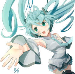 Rule 34 | 1girl, 39, aqua hair, detached sleeves, green eyes, hand on own chest, hatsune miku, headset, highres, kemu (guruguru dan), long hair, necktie, open mouth, outstretched arm, skirt, solo, thighhighs, twintails, vocaloid, white background