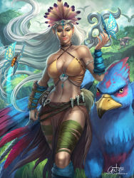 Rule 34 | 1girl, arm wrap, armlet, artist name, arturo z. gutierrez, bikini, bikini top only, blue eyes, bracelet, breasts, bug, butterfly, butterfly on hand, cleavage, cloud, criss-cross halter, dark skin, dark-skinned female, ear piercing, earrings, eyelashes, eyeliner, facepaint, facial tattoo, feathers, floating hair, floating island, griffin, halterneck, halterneck, headdress, highres, holding, holding staff, bug, jewelry, large breasts, leaf, light smile, lips, long hair, looking at viewer, makeup, mascara, midriff, nature, navel, original, outdoors, pelvic curtain, pendant, piercing, pointy ears, signature, sky, solo, staff, swimsuit, tattoo, tiara, toned, tree, tribal, very long hair, wavy hair, white hair