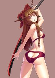 Rule 34 | 1girl, arm up, ass, ass cutout, bandages, bare arms, bare shoulders, bikini, black ribbon, blush, bow, breasts, brown background, brown eyes, brown hair, butt crack, clothing cutout, commentary, cowboy shot, english commentary, hair bow, head tilt, highres, holding, holding sword, holding weapon, horn ornament, horn ribbon, horns, hundred-jpy, ibuki suika, long hair, looking at viewer, manatsu no yo no inmu, oni, oni horns, open mouth, red bikini, red bow, ribbon, sidelocks, simple background, small breasts, solo, standing, swimsuit, sword, thighs, touhou, weapon
