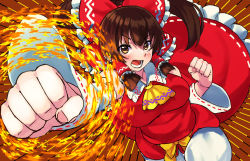 Rule 34 | 1girl, ascot, blush, breasts, brown eyes, brown hair, clenched hands, collared shirt, commentary request, cookie (touhou), cowboy shot, detached sleeves, fire, frilled shirt collar, frills, hakurei reimu, incoming attack, incoming punch, kanna (cookie), large breasts, long hair, looking at viewer, mo-fu, punching, red shirt, ribbon-trimmed sleeves, ribbon trim, shirt, sidelocks, sleeveless, sleeveless shirt, solo, touhou, white sleeves, wide sleeves, yellow ascot