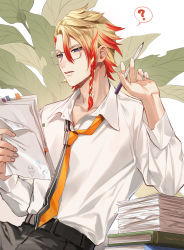Rule 34 | 1boy, axel syrios, belt, blonde hair, book, collared shirt, glasses, highres, holostars, holostars english, isal (lasi), multicolored hair, necktie, pants, paper, pencil, red hair, secretary, shirt, solo, sticky note, streaked hair, virtual youtuber