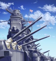 Rule 34 | battleship, cannon, cloud, day, imperial japanese navy, japanese flag, kotsuka, military, military vehicle, no humans, rising sun flag, ship, sunburst, turret, warship, watercraft, world war ii, yamato