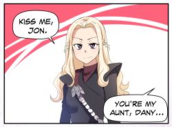 Rule 34 | 1girl, a song of ice and fire, black dress, blonde hair, braid, comic, commentary, daenerys targaryen, dress, english commentary, english text, french braid, game of thrones, highres, hinghoi, incest, long hair, purple eyes, smirk, solo, speech bubble, spoilers