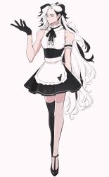 Rule 34 | 1boy, alternate costume, apron, arm garter, bad id, bad twitter id, black footwear, black gloves, black hair, black ribbon, black thighhighs, commentary request, creatures (company), crossdressing, dress, enmaided, full body, game freak, gloves, green eyes, hand up, hichi (un7c5g), highres, long hair, maid, male focus, multicolored hair, neck ribbon, nintendo, piers (pokemon), pokemon, pokemon swsh, ribbon, shoes, simple background, solo, thighhighs, two-tone hair, very long hair, waist apron, white apron, white background, white hair