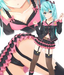 Rule 34 | 1girl, aqua eyes, aqua hair, belt, black panties, black skirt, black thighhighs, blouse, blush, boots, bow, breasts, bug, butterfly, butterfly hair ornament, cleavage, closed mouth, collarbone, divergenceok, frills, from below, garter straps, hair between eyes, hair ornament, hands up, hatsune miku, highres, insect, layered skirt, long hair, long sleeves, looking at viewer, multicolored clothes, multiple views, navel, off-shoulder shirt, off shoulder, open mouth, panties, pantyshot, pink shirt, pink skirt, shirt, sidelocks, simple background, skirt, sleeve cuffs, small breasts, smile, thighhighs, twintails, underwear, v-shaped eyebrows, vocaloid, white background