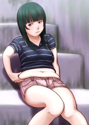 Rule 34 | 1girl, belly grab, breasts, brown eyes, female focus, green hair, highres, kamisuki, legs, long hair, medium breasts, midriff, muffin top, navel, plump, shorts, sitting, solo, weight conscious