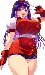 Rule 34 | 1girl, absurdres, asamiya athena, bike shorts, breasts, cameltoe, covered navel, curvy, fingerless gloves, gloves, highres, large breasts, legs, looking at viewer, negresco, open mouth, purple eyes, purple hair, skirt, smile, solo, the king of fighters, thick thighs, thighs, v