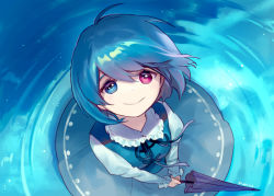 Rule 34 | 1girl, :&gt;, ainy, bad id, bad pixiv id, blue eyes, blue hair, blue ribbon, blue skirt, blue vest, closed mouth, closed umbrella, dutch angle, frilled shirt collar, frills, from above, heterochromia, holding, holding umbrella, juliet sleeves, long sleeves, looking at viewer, looking up, matching hair/eyes, neck ribbon, puffy sleeves, purple eyes, ribbon, ripples, short hair, signature, skirt, smile, solo, standing, standing on liquid, tatara kogasa, touhou, umbrella, v arms, vest, water