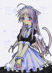 Rule 34 | 1girl, 2000s (style), ahoge, animal ears, apron, black dress, blonde hair, blue eyes, blue ribbon, blush, braid, cat ears, cat girl, cat tail, center frills, cowboy shot, dot nose, dress, english text, frilled apron, frilled wrist cuffs, frills, grey background, heart, highres, izmi, long hair, looking at viewer, maid, maid headdress, medium bangs, neck ribbon, nose blush, original, own hands together, parted lips, puffy short sleeves, puffy sleeves, raised eyebrow, ribbon, scrunchie, short sleeves, sidelocks, solo, sparkle, star (symbol), tail, twin braids, waist apron, wrist cuffs