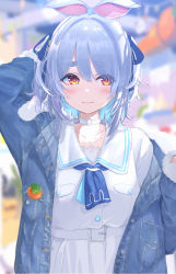 Rule 34 | 1girl, animal ears, arm behind head, arm up, belt, belt buckle, blue hair, blue jacket, blue neckwear, blue ribbon, blurry, blurry background, buckle, carrot, choker, closed mouth, collarbone, depth of field, fur-trimmed sleeves, fur trim, hair between eyes, hair ribbon, highres, hololive, icehotmilktea, jacket, multicolored hair, official alternate costume, open clothes, open jacket, rabbit ears, red eyes, ribbon, shirt, short eyebrows, skirt, solo, thick eyebrows, two-tone hair, two side up, usada pekora, usada pekora (casual), virtual youtuber, white belt, white choker, white shirt, white skirt