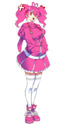Rule 34 | 1girl, :3, :d, ahoge, breasts, commentary, cross hair ornament, dress, full body, garter straps, hair ornament, hair tie, hands in pockets, heart, heart ahoge, highres, hood, hood down, hoodie, lace trim, nurse, open mouth, original, pink dress, pink footwear, pink hair, pink hoodie, pink theme, red eyes, smile, solo, stethoscope, sudeni sokurou, symbol-shaped pupils, thighhighs, two side up, white background