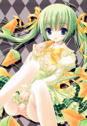 Rule 34 | 1girl, :d, absurdres, argyle, argyle background, argyle clothes, blue eyes, bow, dress, eating, food, fruit, green hair, hair ribbon, highres, image sample, knees to chest, knees together feet apart, melon, melon-chan, melonbooks, open mouth, orange panties, panties, ribbon, sitting, smile, spread legs, striped clothes, striped panties, thighhighs, tinker bell (pixiv 10956015), twintails, two side up, underwear, white thighhighs, yellow bow