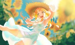Rule 34 | 1girl, :d, absurdres, armpits, bad id, bad twitter id, bang dream!, blonde hair, blurry, blurry background, breasts, commentary request, day, dress, flower, hands on headwear, hat, highres, izu (izzzzz27), long hair, looking at viewer, medium breasts, no panties, open mouth, outdoors, pussy, see-through, see-through silhouette, sleeveless, sleeveless dress, smile, solo, straw hat, summer, sun hat, sundress, sunflower, tsurumaki kokoro, yellow eyes