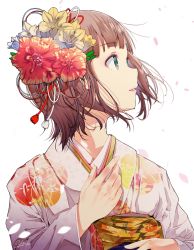 Rule 34 | 1girl, amami haruka, blush, brown hair, flower, green eyes, hair flower, hair ornament, idolmaster, idolmaster (classic), japanese clothes, kimono, looking to the side, open mouth, short hair, solo, upper body, yae (mono110)