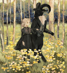 Rule 34 | 1girl, animal, ascot, black dress, black footwear, black jacket, black pants, black vest, blonde hair, bush, closed eyes, clothed animal, collared dress, commentary, dress, english commentary, flower, goat, grass, hair ribbon, highres, holding another&#039;s arm, hooves, horns, jacket, looking at another, medium hair, neck ribbon, original, outdoors, pale skin, pants, pantyhose, ribbon, shoes, short hair, short sleeves, smile, tail, tono (rt0no), tree, vest, walking, white ascot, white hair, yellow flower