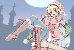 Rule 34 | 1girl, bell, black thighhighs, blonde hair, blush, boots, breasts, brown footwear, cross-laced footwear, fur-trimmed boots, fur trim, garter straps, hairband, hat, kibushi, knee boots, lace-up boots, large breasts, looking at viewer, original, sack, santa costume, santa hat, scarf, short hair, sitting, smile, solo, thighhighs, yellow eyes