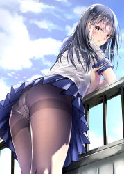 Rule 34 | 1girl, against railing, bad id, bad pixiv id, black hair, blue skirt, blush, cloud, cloudy sky, commentary request, day, dutch angle, hair between eyes, hair ornament, hairclip, highres, kobayashi chisato, against railing, long hair, looking at viewer, looking back, open mouth, original, outdoors, panties, panties under pantyhose, pantyhose, pantyshot, pleated skirt, railing, rooftop, school uniform, serafuku, short sleeves, skirt, sky, solo, thighband pantyhose, underwear, yellow eyes
