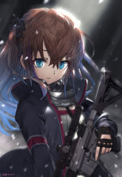Rule 34 | 1girl, alternate hair color, artist name, black gloves, blue eyes, brown hair, closed mouth, expressionless, fingerless gloves, girls&#039; frontline, gloves, gun, highres, holding, holding gun, holding weapon, long hair, looking at viewer, signature, snowing, solo, st ar-15 (girls&#039; frontline), tansan daisuki, weapon